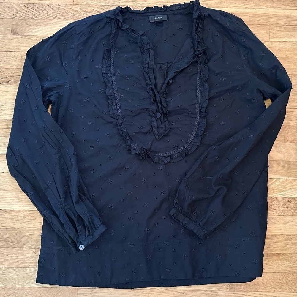 J Crew Black Floral Eyelet Long Sleeve Ruffled Yoked Front Blouse Size Small - Picture 1 of 9